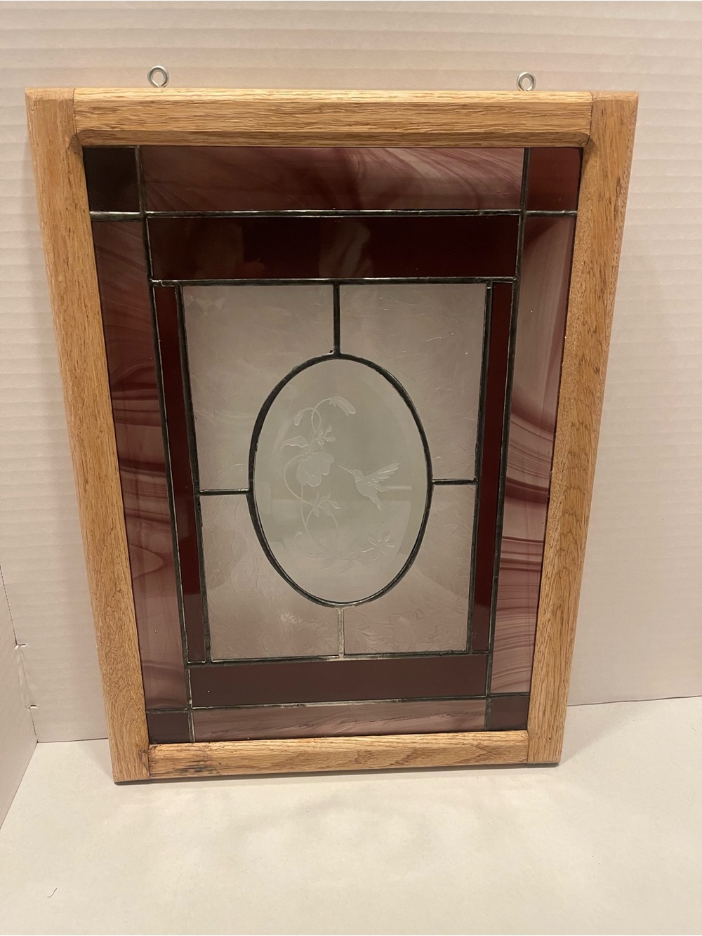 Stained Glass Wall Panel with Etched Hummingbird Design -purple & Clear